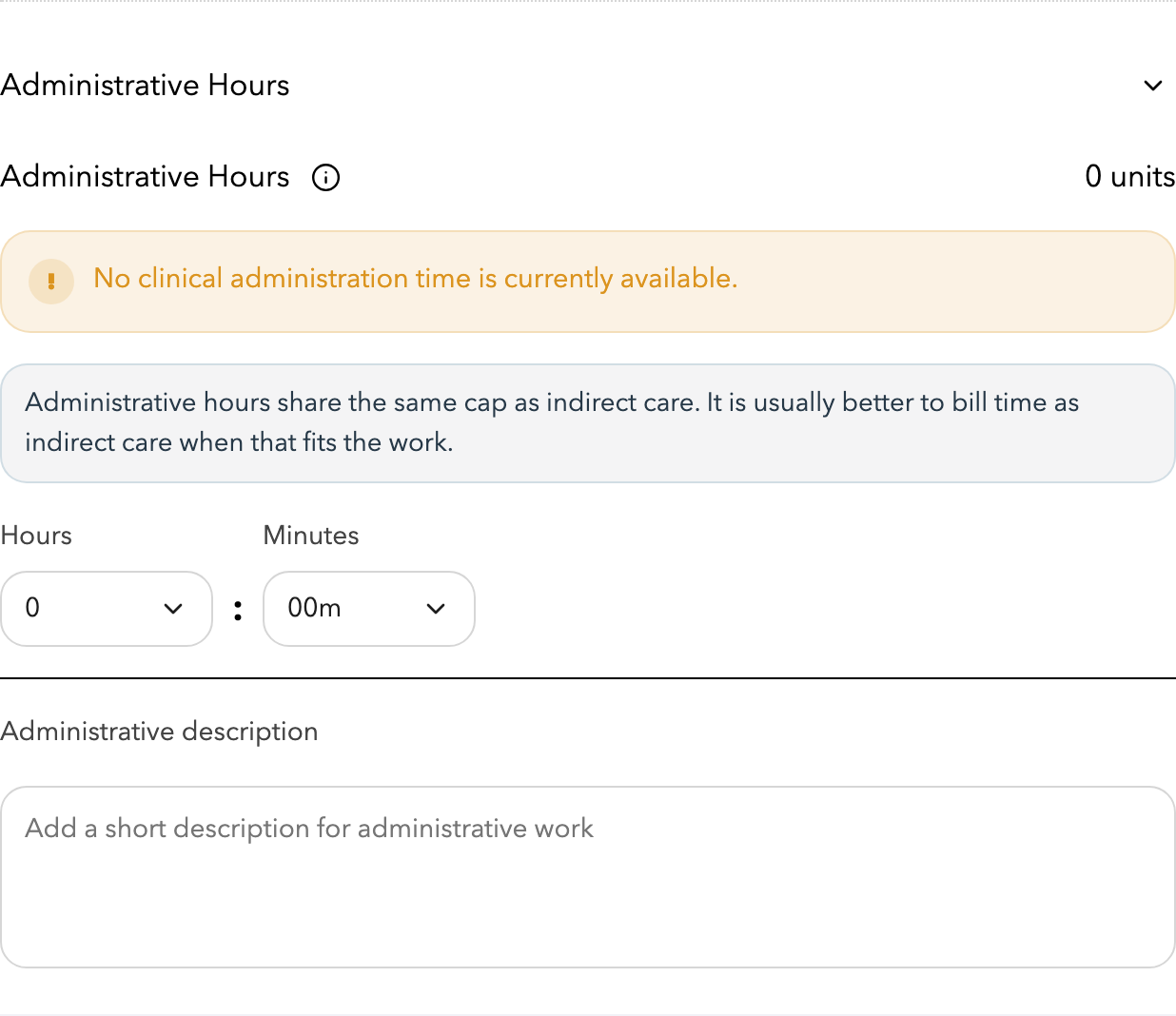 Today screen with the Administrative Hours section expanded to show its separate time and description fields