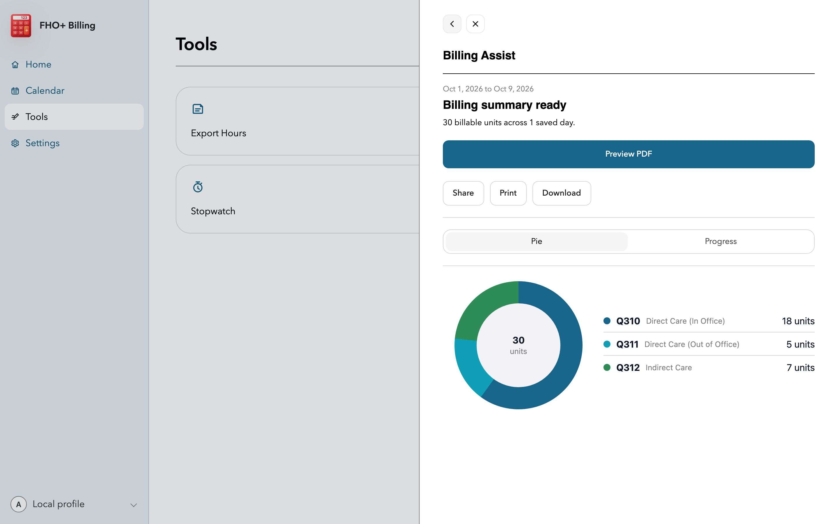 Billing Assist summary with category units, date totals, and print or download actions