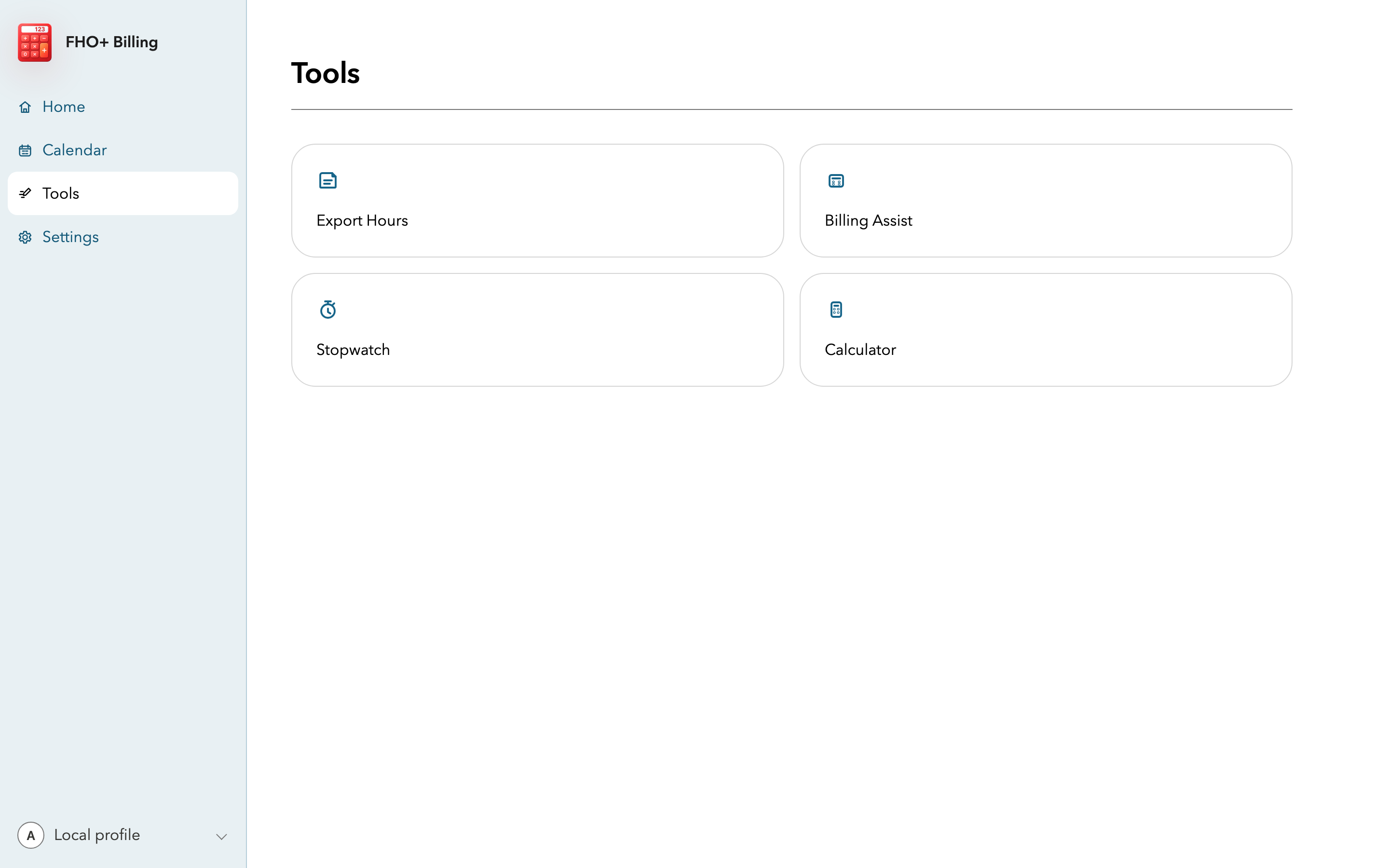 FHO+ Billing Tools screen with Export Hours, Billing Assist, Stopwatch, and Calculator